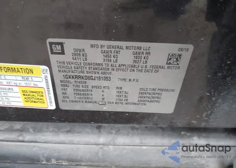 2016 GMC Acadia Slt-1 из США, поврежденный, VIN 1GKKRRKD8GJ181053